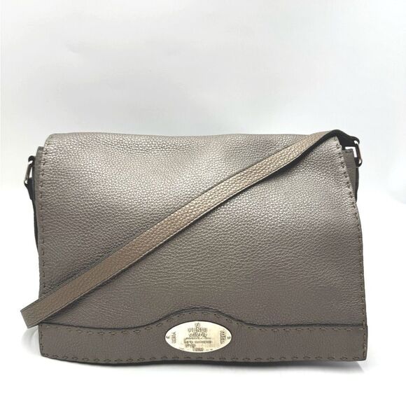 Fendi Handbags - Auth Fendi Metallic Grey Beige Selleria Leather Anna Crossbody Messenger Bag